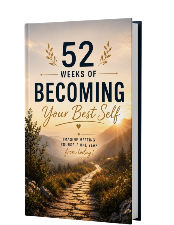 A hardcover book titled '52 Weeks of Becoming Your Best Self' shown upright against a plain white background. The cover features a scenic mountain path at sunset with warm golden light, dark navy typography, and small laurel leaf illustrations.