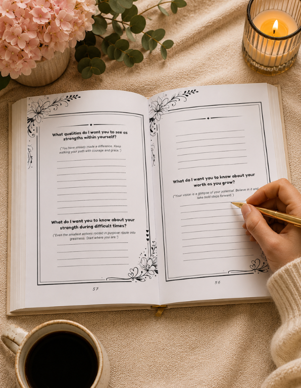An open journal or notebook laid on a beige fabric surface, with a hand holding a gold pen and writing in the pages. A mug of black coffee, pink flowers, and a lit candle are arranged around it in a cozy styled setting. Journal prompts for To My Daughter