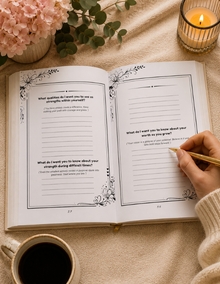 An open journal or notebook laid on a beige fabric surface, with a hand holding a gold pen and writing in the pages. A mug of black coffee, pink flowers, and a lit candle are arranged around it in a cozy styled setting. Journal prompts for To My Daughter