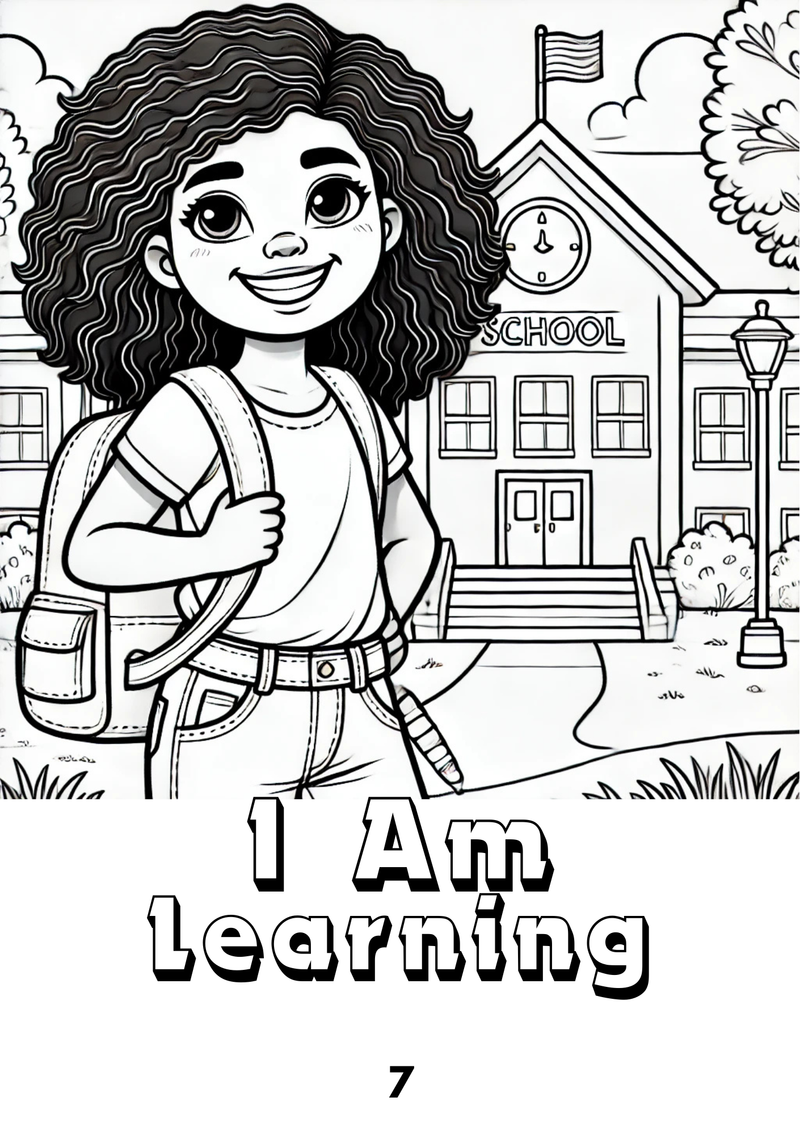 A cartoon girl with curly hair wearing a backpack and standing in front of a school building