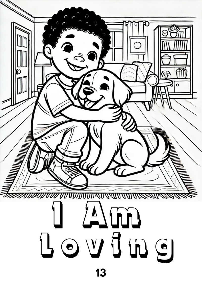 A black-and-white line drawing of a smiling boy with curly hair hugging a friendly puppy on a rug in a cozy living room