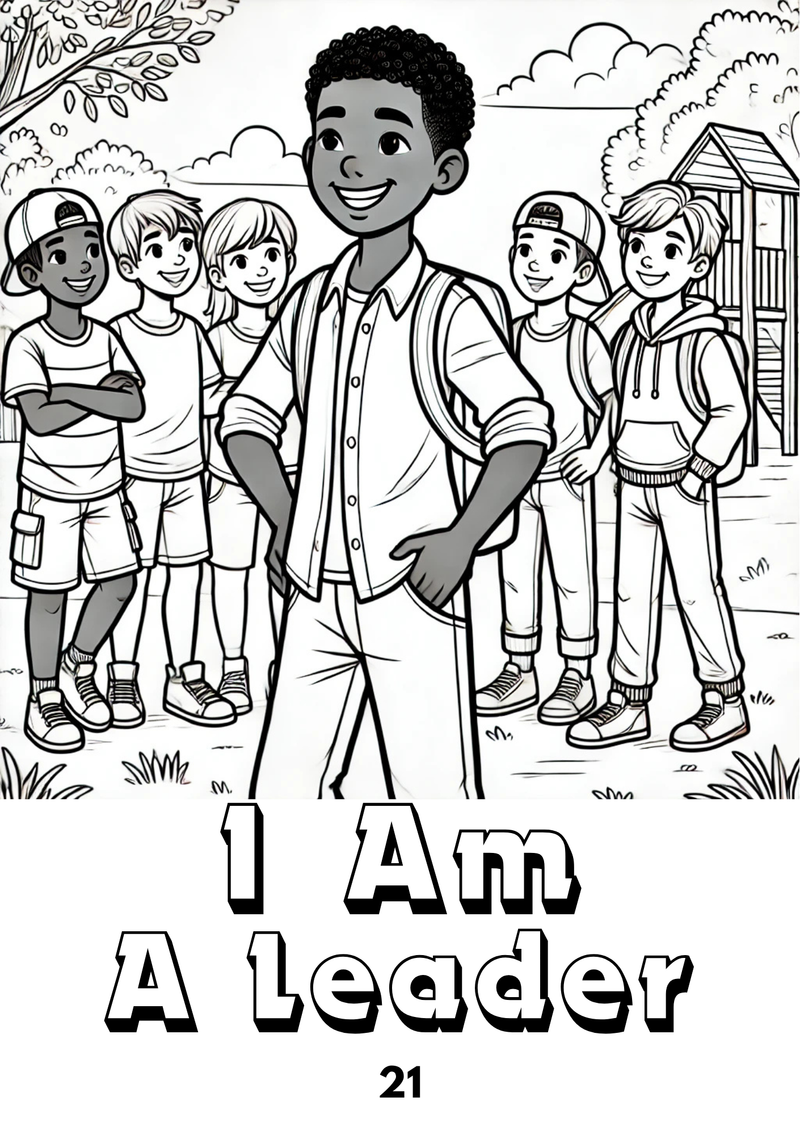 Black-and-white line art coloring page featuring a smiling boy in the foreground with friends behind him, labeled "i am a leader" at the bottom