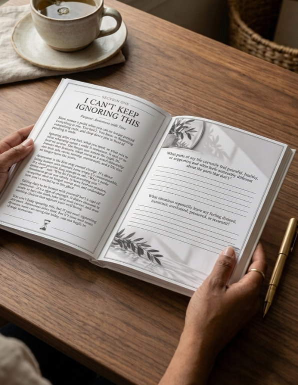An open journal or notebook spread on a wooden table, held by two hands. The pages are white with black text and delicate botanical line drawings.