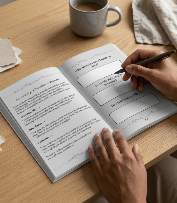 Person filling out a self-help book with a pen on a wooden table next to a mug of coffee.