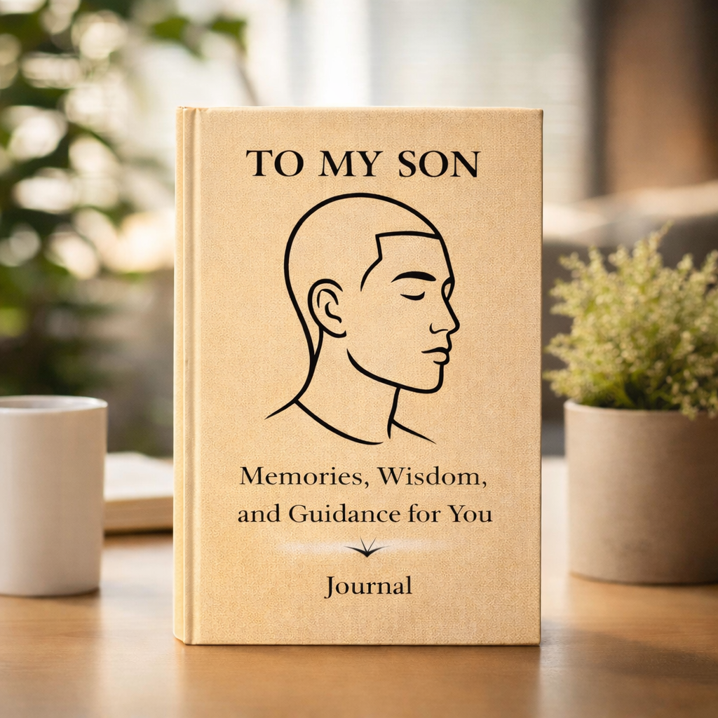 A beige hardcover journal with a minimalist line drawing of a man's profile and the inscription "to my son" above it