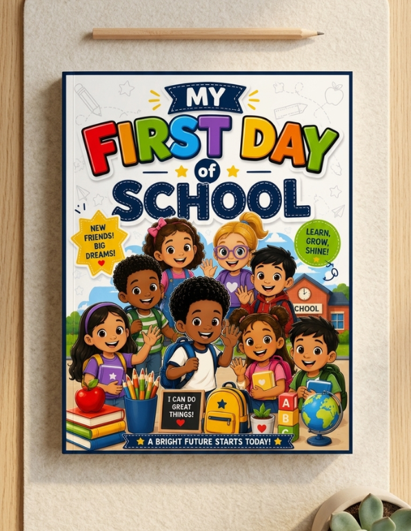 Poster titled 'My First Day of School' with children and school elements on a light background, Back To School