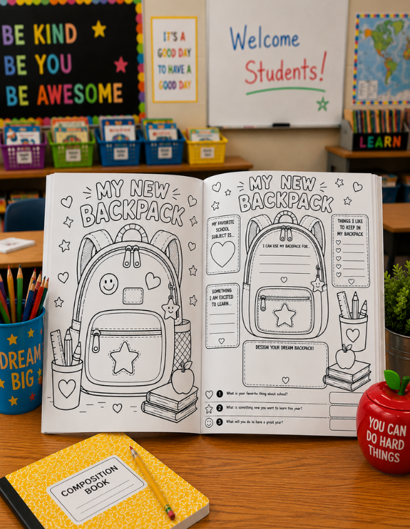Coloring book open to pages about a new backpack in a classroom setting, Back Pack, Bookbag, school