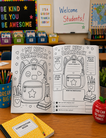 Coloring book open to pages about a new backpack in a classroom setting, Back Pack, Bookbag, school