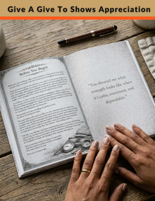 Open book with text and a pen on a wooden surface, with hands resting on the pages.
