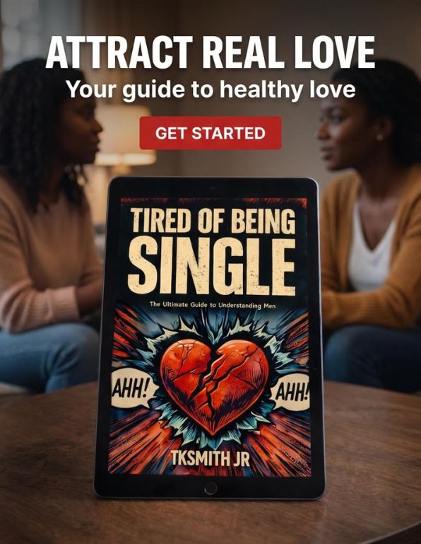 Tablet displaying a book cover titled 'Tired of Being Single' with two people sitting in the background.
