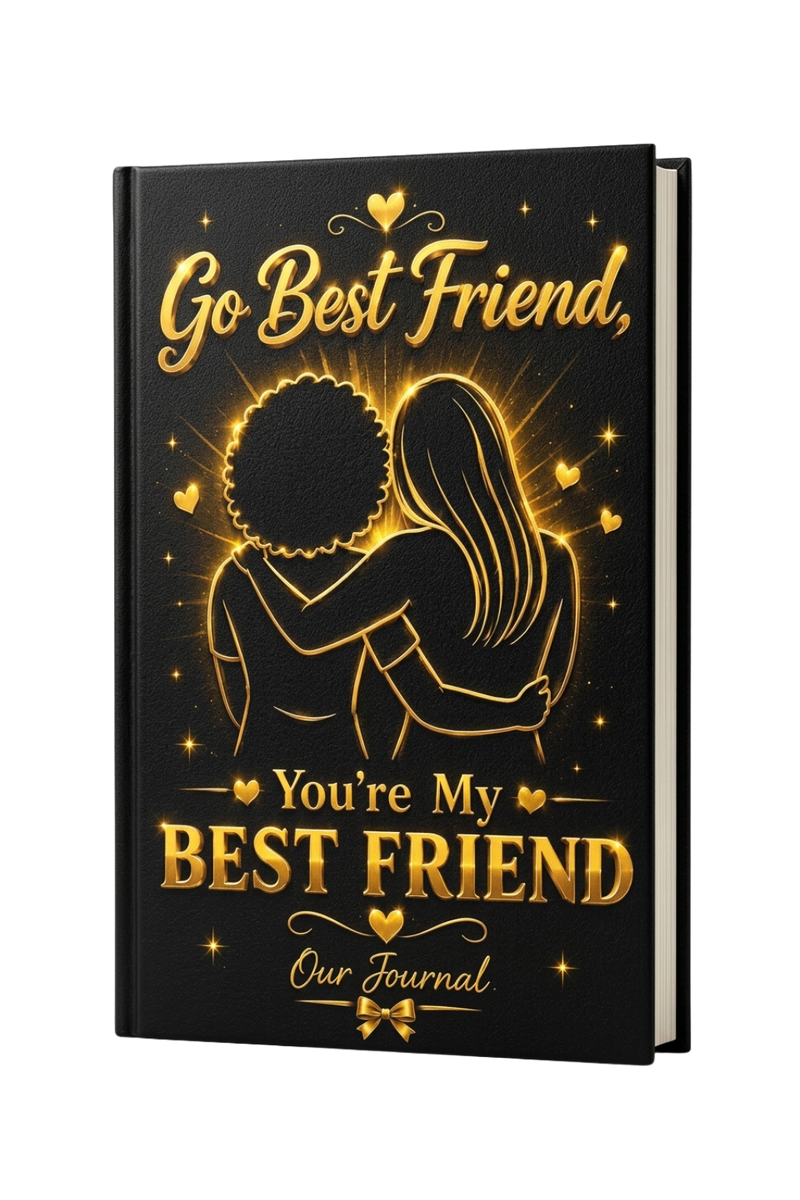 Journal with gold text and illustration of two people hugging on a black background Best Friend Journal