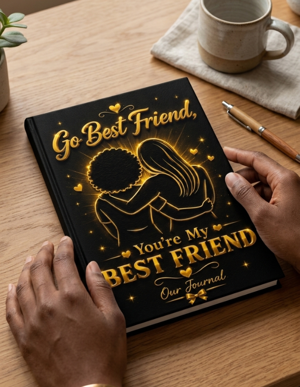 Journal with 'Go Best Friend, You're My Best Friend' text on a wooden table with a mug and pen.