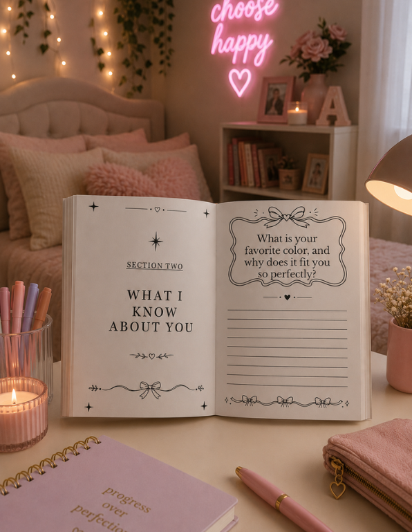 Open book titled 'What I Know About You' on a table with decorative items in a cozy room. Best Friends Forever page with journal prompt