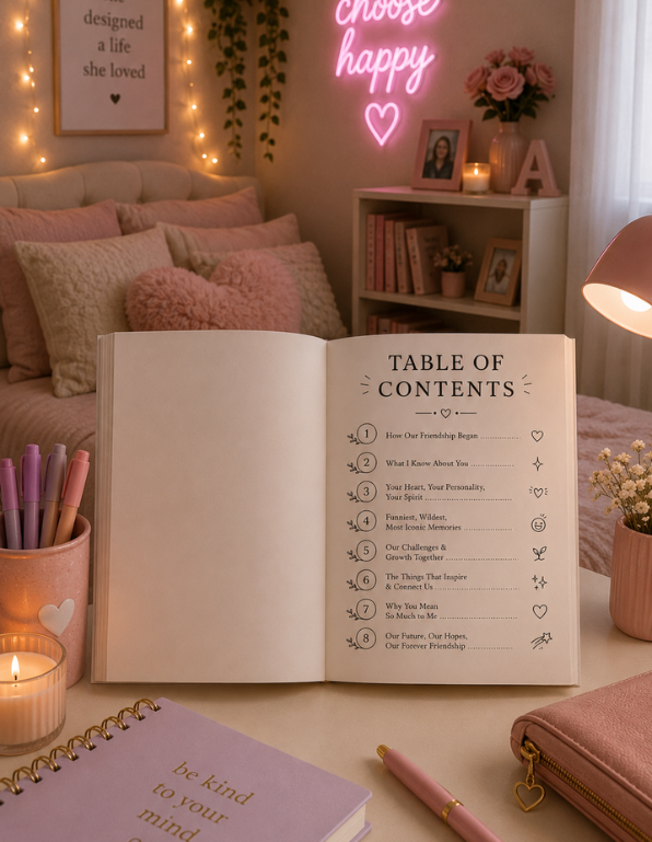 Open book with a table of contents on a desk in a cozy room with decor  Best Friends Forever Journal Table of Content page.