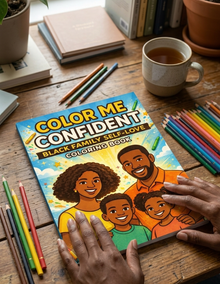 Color Me Confident coloring book on a wooden table with coloring pencils and a cup of tea.