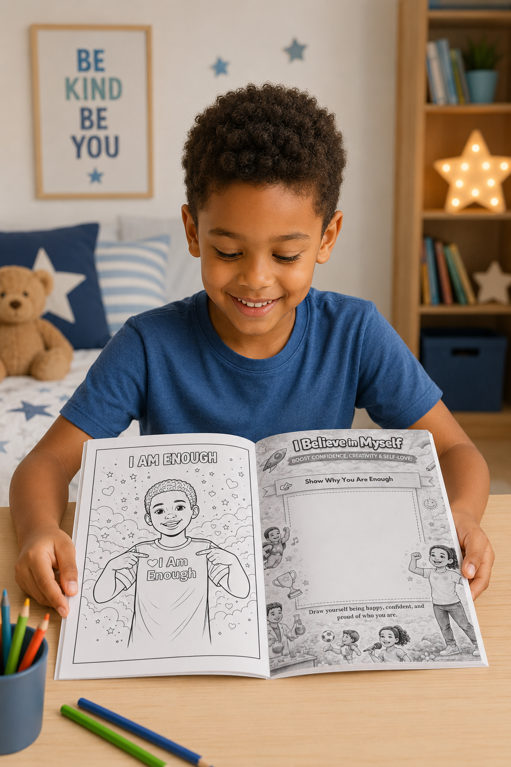 Child holding a coloring book titled 'I Believe in Myself' in a room with books and a teddy bear.