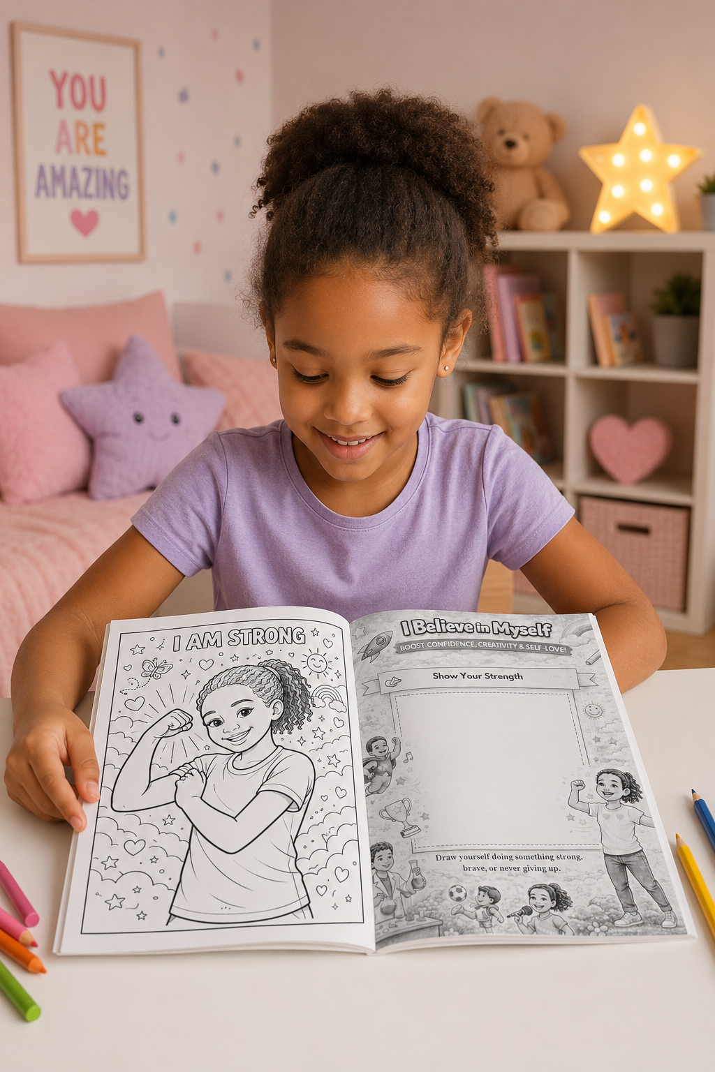 Young girl in a purple shirt reading a book titled 'I AM STRONG' in a cozy room with toys and decor.