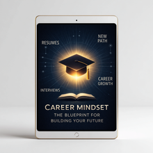 Tablet displaying a career mindset app with graduation cap and book design on a light gray background