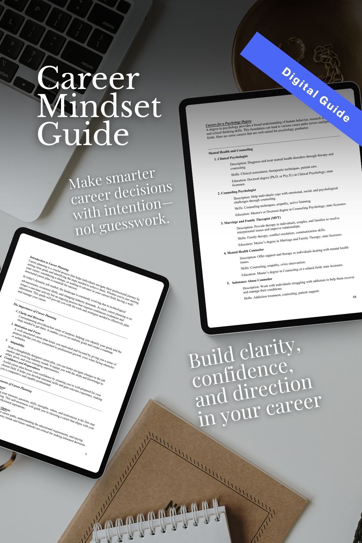 Digital Guide to Career Mindset with tablets and a laptop on a light gray background