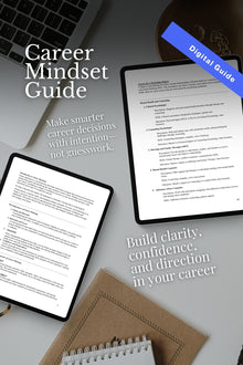 Digital Guide to Career Mindset with tablets and a laptop on a light gray background