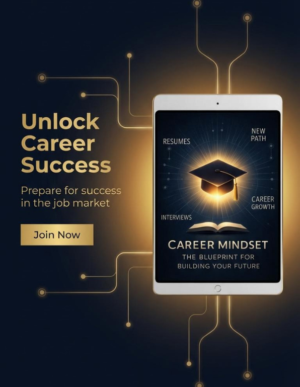 Promotional graphic for 'Career Mindset' book with tablet displaying cover and text about career success.