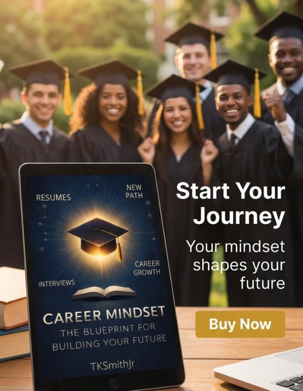 Graduates in caps and gowns with a tablet displaying 'Career Mindset' book cover.