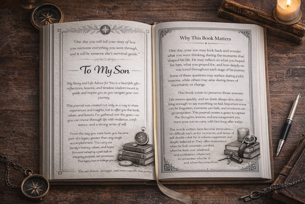 Open journal with ornate black-and-white pages and a compass illustration, featuring handwritten-style text under the title "to my son."