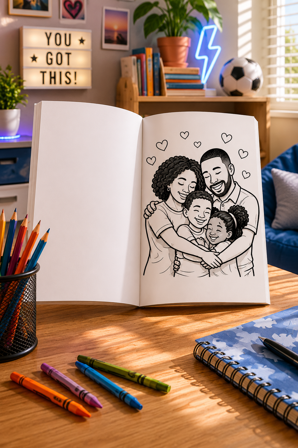 Open notebook with a family illustration on a desk with stationery items