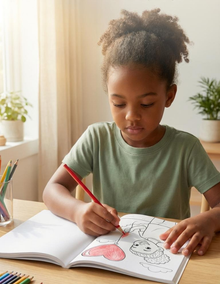 Child coloring a picture in a book with a red crayon at a table.