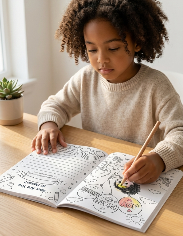Child coloring in a book with a pencil at a table. Joy Peace Confidence coloring page