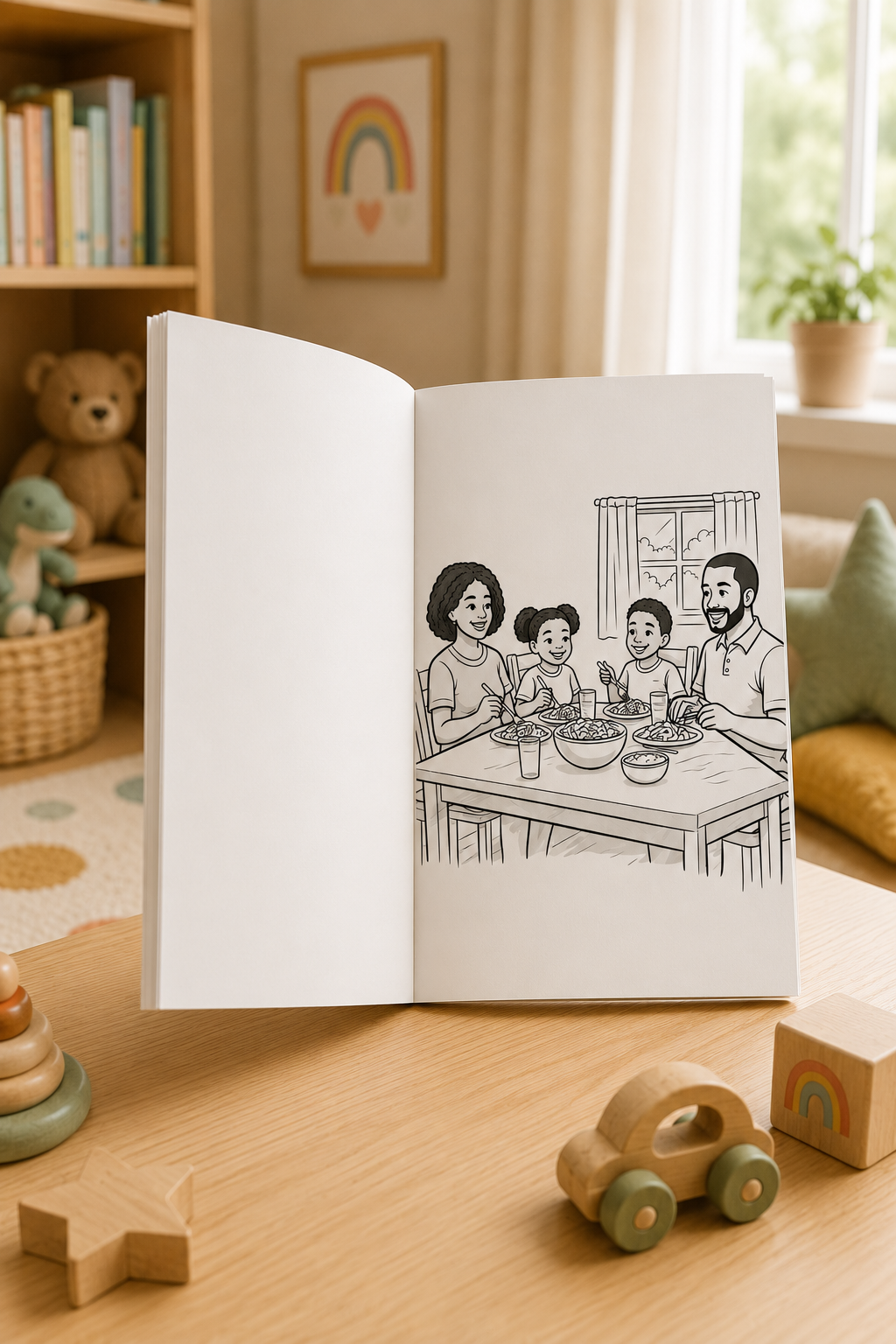 Open book with a black and white illustration of a family at a table, placed on a wooden surface with toys around.