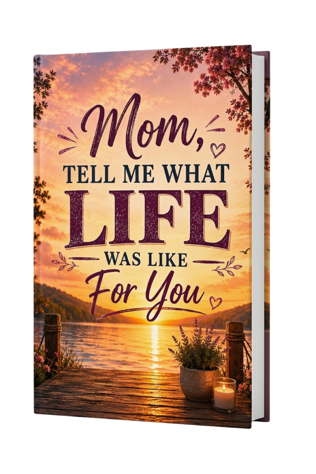 A hardcover book with a sunset lake scene cover, featuring the text 'Mom, TELL ME WHAT LIFE WAS LIKE For You' in large decorative lettering. The book is shown standing upright on a white background.