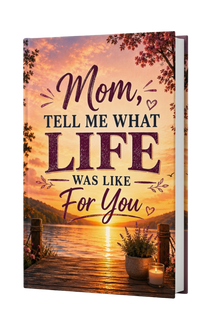 A hardcover book with a sunset lake scene cover, featuring the text 'Mom, TELL ME WHAT LIFE WAS LIKE For You' in large decorative lettering. The book is shown standing upright on a white background.