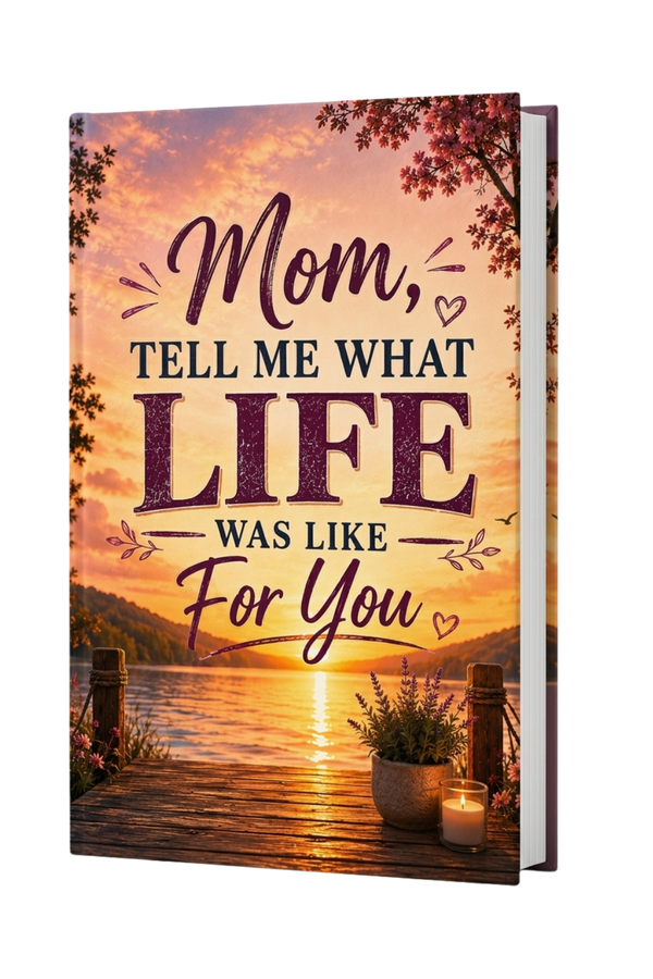 A hardcover book with a sunset lake scene cover, featuring the text 'Mom, TELL ME WHAT LIFE WAS LIKE For You' in large decorative lettering. The book is shown standing upright on a white background.