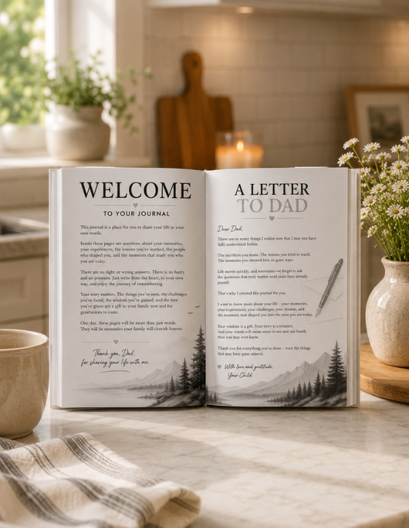Open journal on a kitchen counter with 'Welcome' and 'A Letter to Dad' text