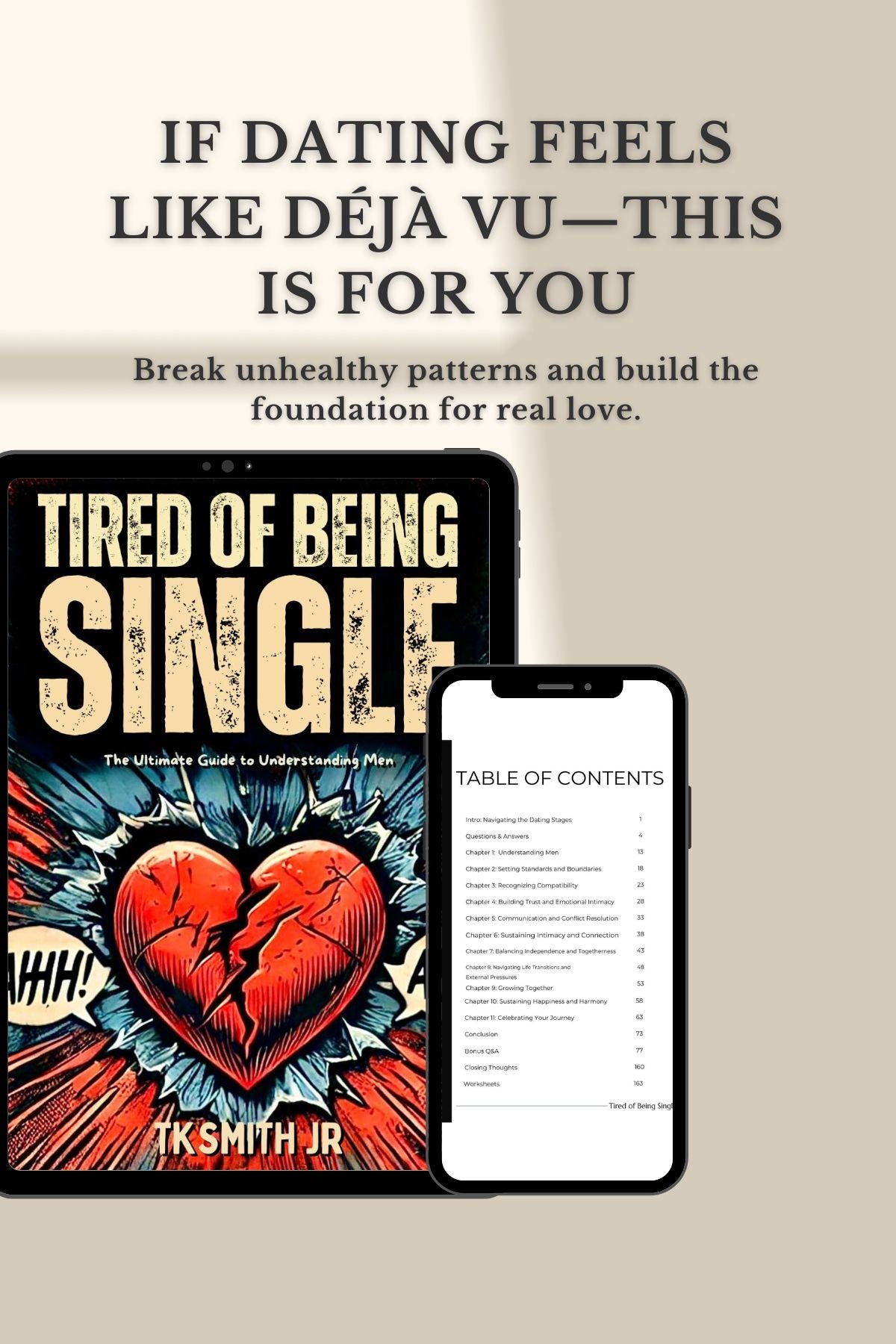 Book titled 'Tired of Being Single' with a phone displaying the table of contents on a beige background.