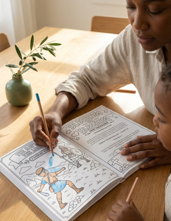 Woman and child coloring together at a table with a coloring book, David bible story