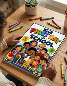 Book titled 'My First Day of School' on a table with crayons and a child's hands