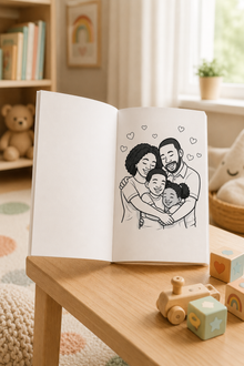 Open book with a family illustration on a wooden table in a cozy room.