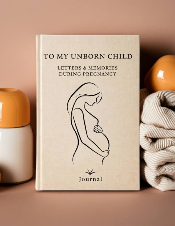 Journal titled 'To My Unborn Child' with a line drawing of a pregnant woman on a beige background.