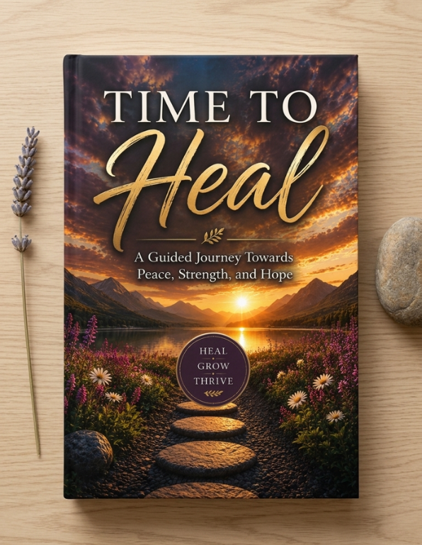 A hardcover book titled 'TIME TO Heal' lies flat on a light wood surface, surrounded by a dried lavender stem on the left and a smooth gray stone on the right. The cover features a scenic landscape of a mountain lake at sunset with a stone path leading into the flowers.