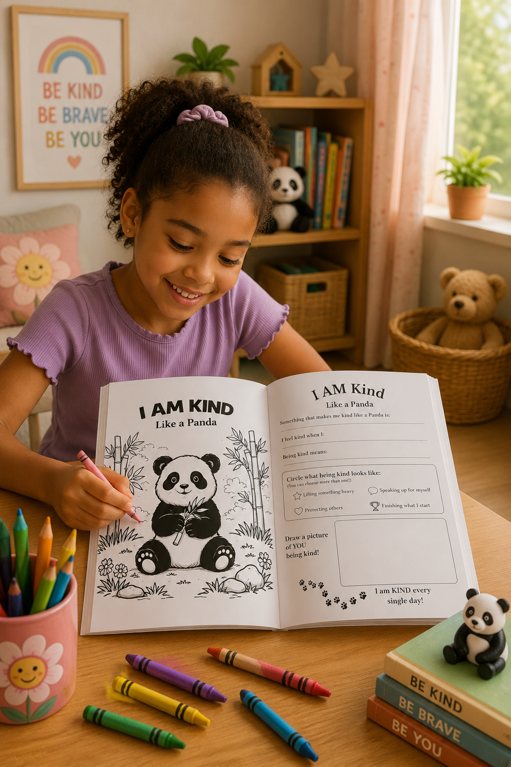Child reading a book about kindness with a panda illustration in a cozy room.