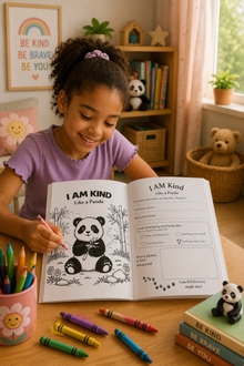 Child reading a book about kindness with a panda illustration in a cozy room.
