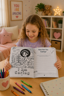 Child holding a coloring book with a caring theme in a cozy room.