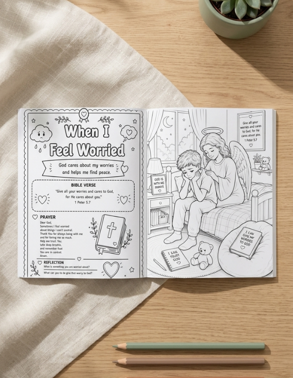 An open black-and-white coloring/activity book spread laid on a light wood table with a cream fabric napkin, pencils, and a small potted succulent nearby. The left page has text titled 'When I Feel Worried' with Bible verse, prayer, and reflection prompts; the right page shows an illustrated scene of a child sitting on a bed with an angel.