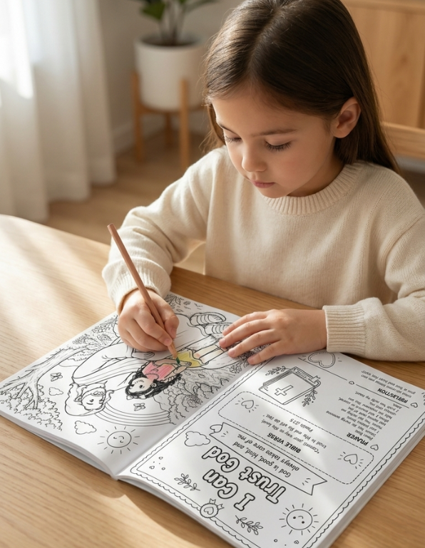 A young girl with long brown hair sits at a wooden table, coloring in a black-and-white cartoon coloring book with a pencil. She is wearing a cream-colored knit sweater, and a softly blurred indoor background with curtains and a plant is visible behind her.
