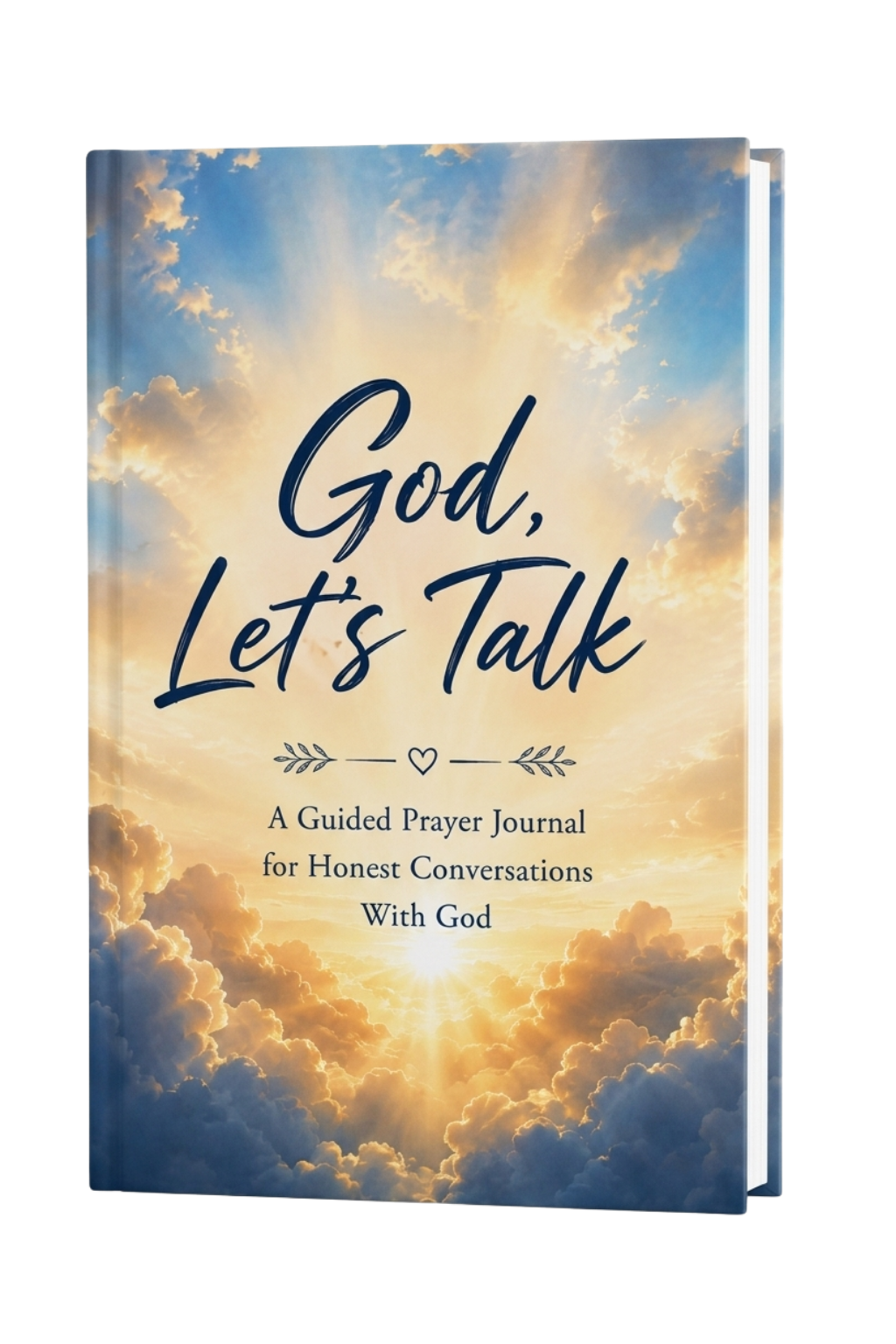 A 3D mockup of a guided prayer journal titled 'God, Let's Talk' against a white background. The cover features a dramatic sky with golden sun rays breaking through clouds, and the title is written in dark navy blue script. God's Let's Talk
