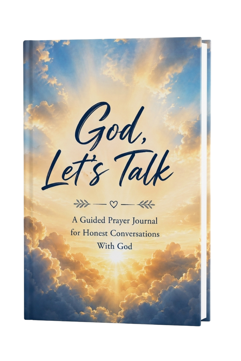 A 3D mockup of a guided prayer journal titled 'God, Let's Talk' against a white background. The cover features a dramatic sky with golden sun rays breaking through clouds, and the title is written in dark navy blue script. God's Let's Talk