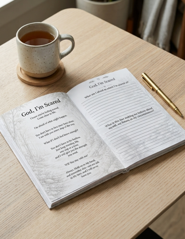 An open journal or prayer book on a light wood table, with a speckled ceramic mug of tea and a gold pen nearby. The pages show the title 'God, I'm Scared' with comforting text and prompts.