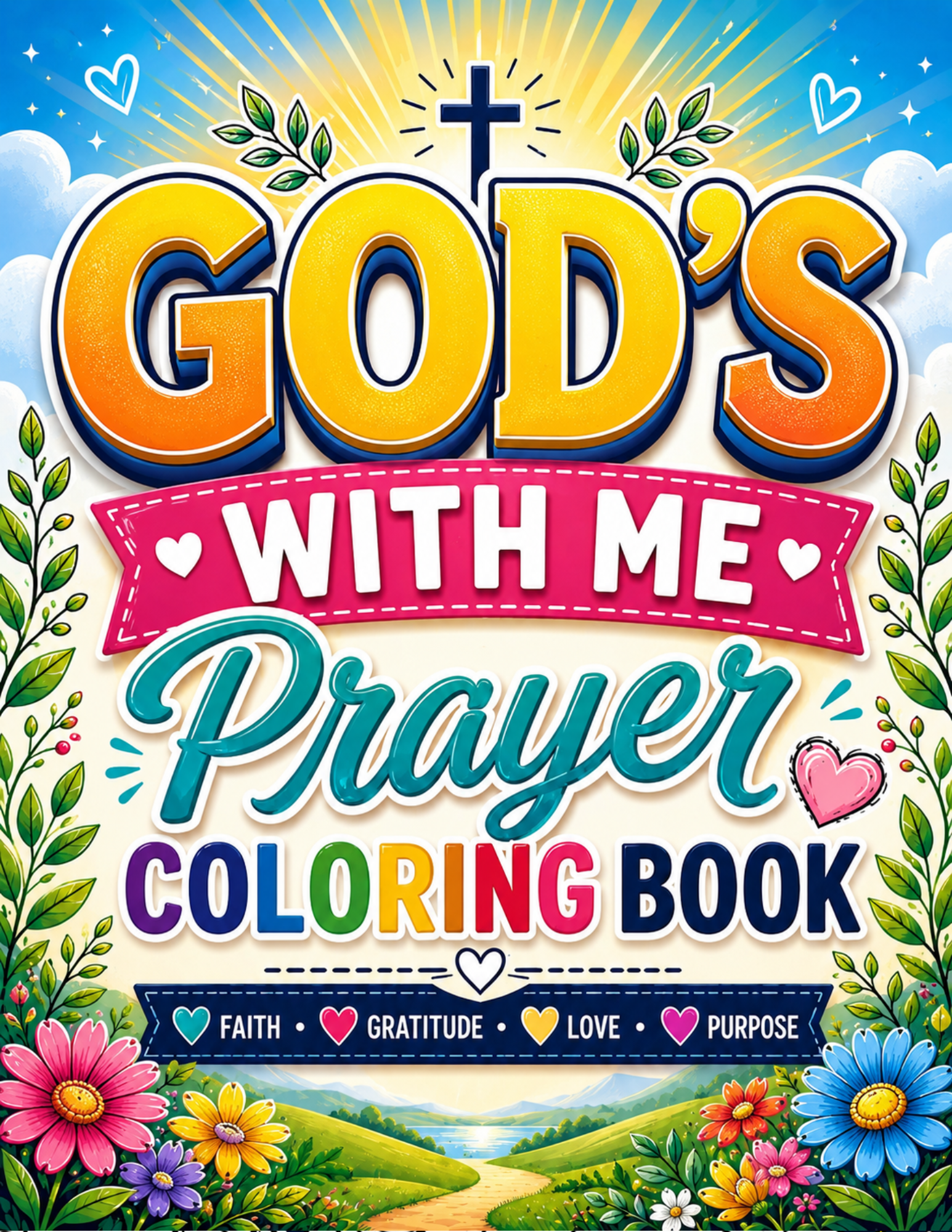 Front cover of a children's coloring book titled 'God's With Me Prayer Coloring Book' featuring colorful 3D-style lettering, floral borders, a cross, and a scenic landscape at the bottom.